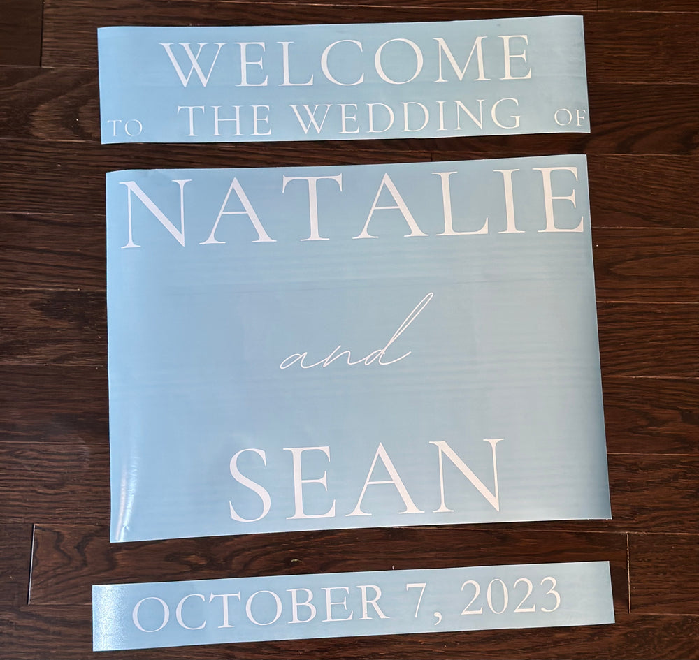 Blue Natalie and Sean wedding welcome lettering