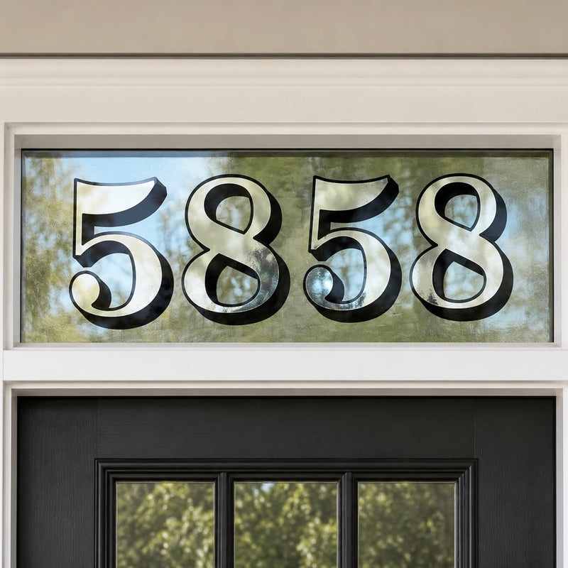 Gold and black 5858 address numbers on transom glass