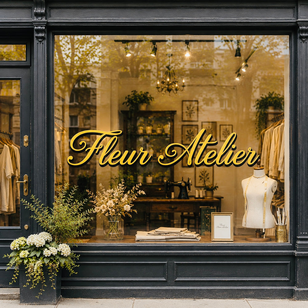 Gold Fleur Atelier script lettering on a storefront window