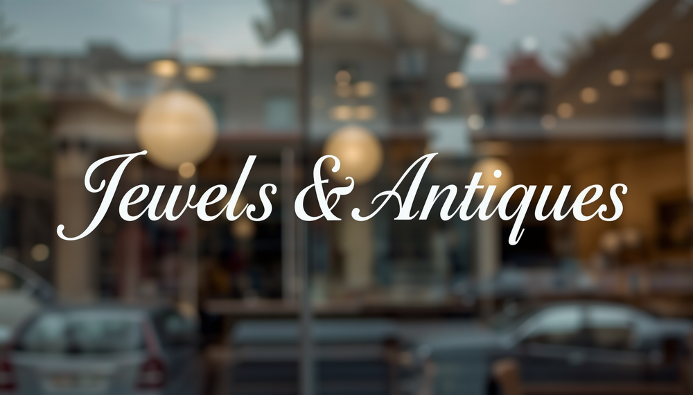 Example storefront glass showing Jewels & Antiques script lettering