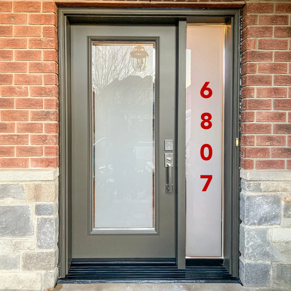 Red 6807 house numbers stacked on an entry sidelight