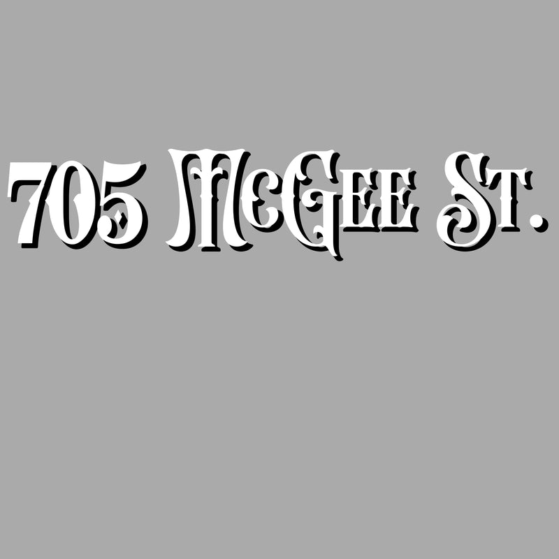 Decorative 705 McGee St. address design on grey