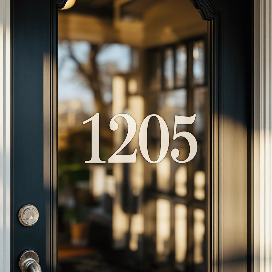 Example dark glass door with white 1205 numbers
