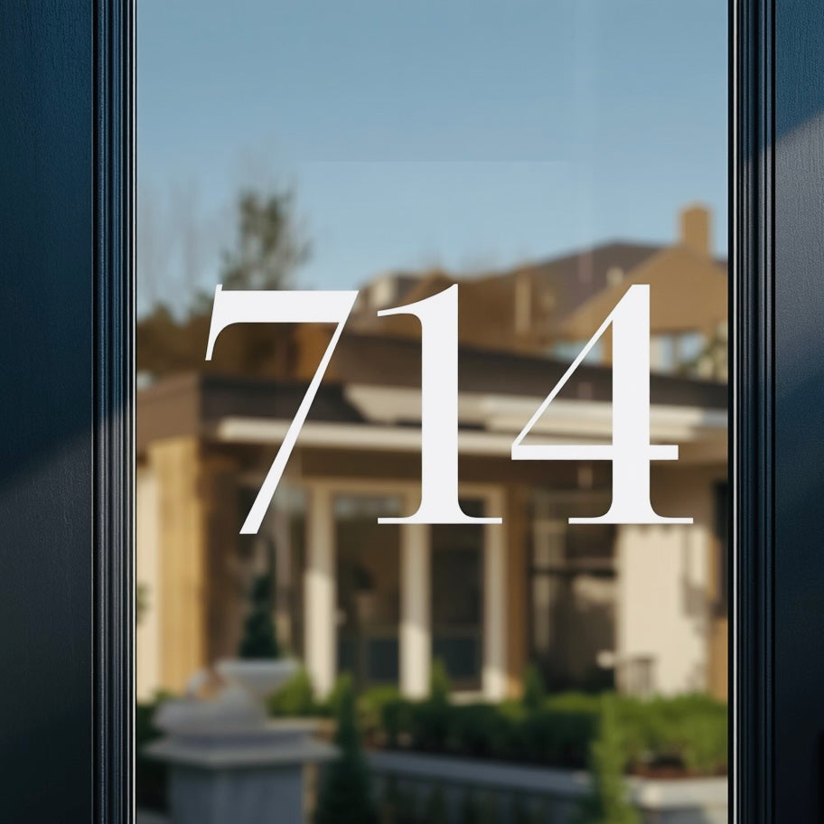 Example close-up of white 714 numbers on glass