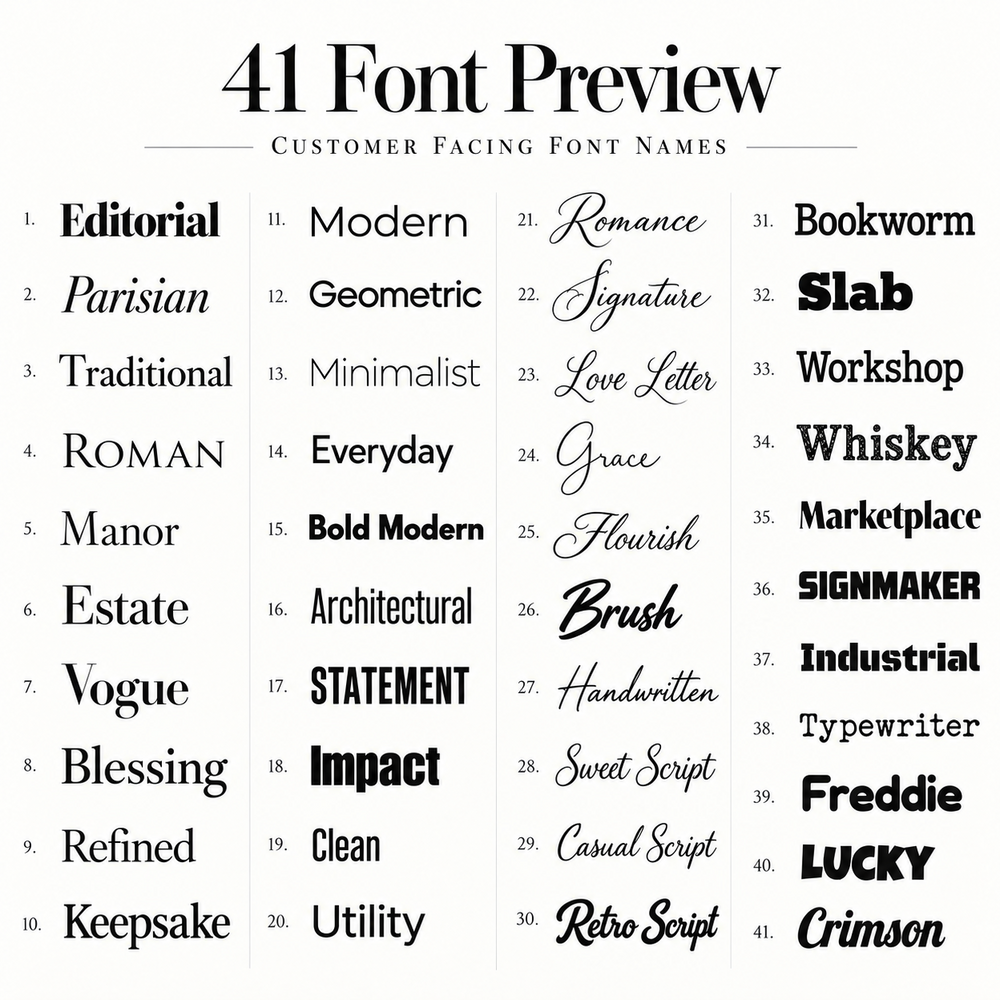 Duchi Designs current 41-font preview with customer-facing font names.