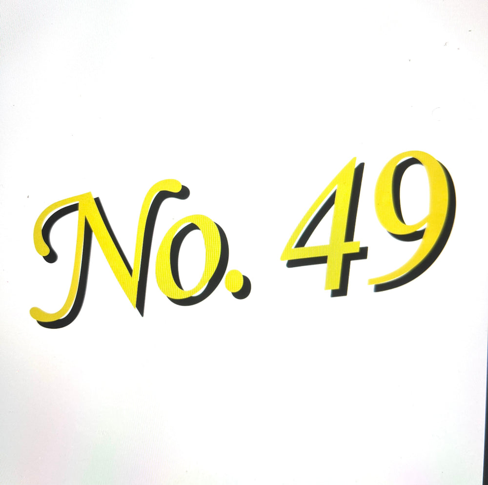Illustration of gold and black No 49 address lettering