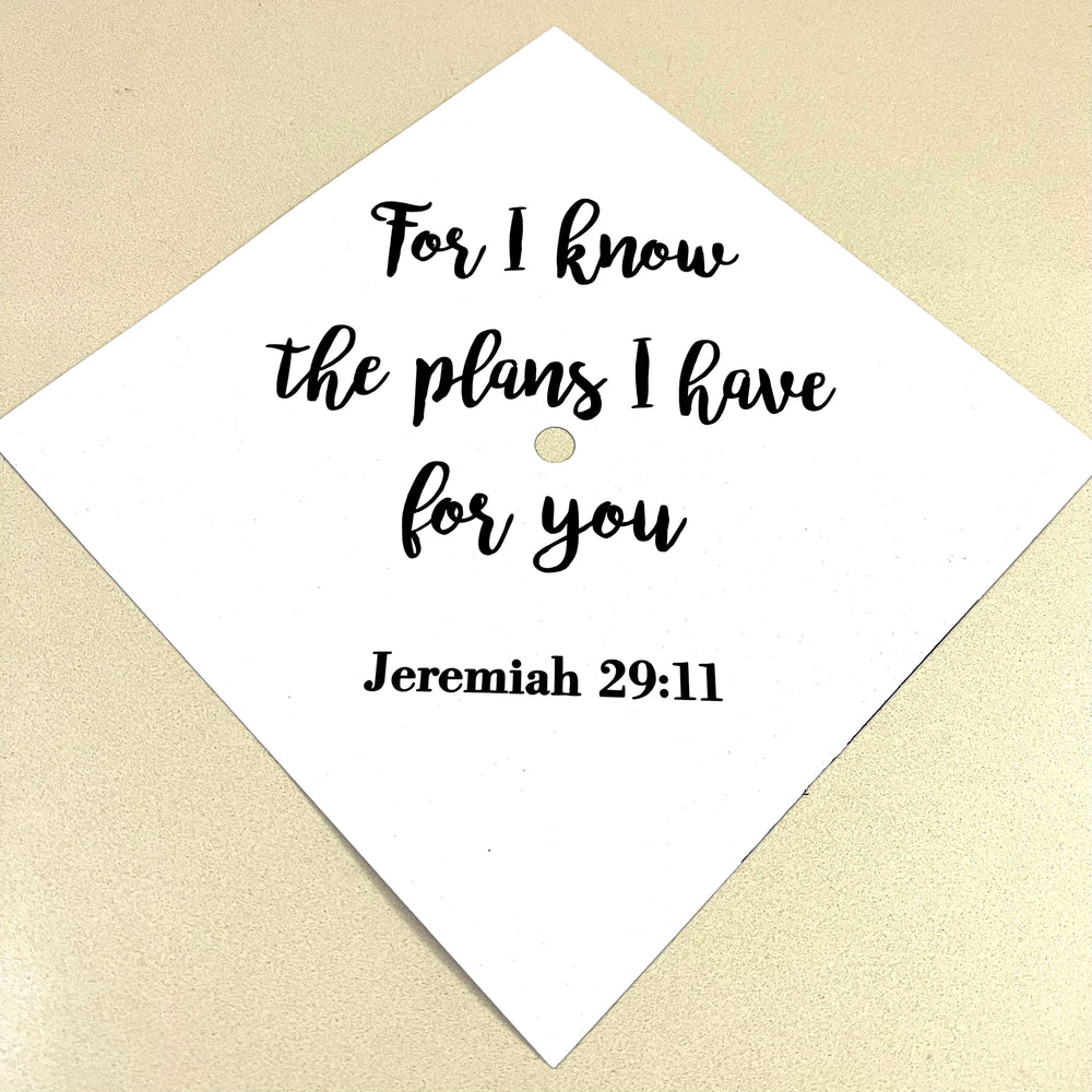 Black Jeremiah 29:11 lettering on a white graduation cap example