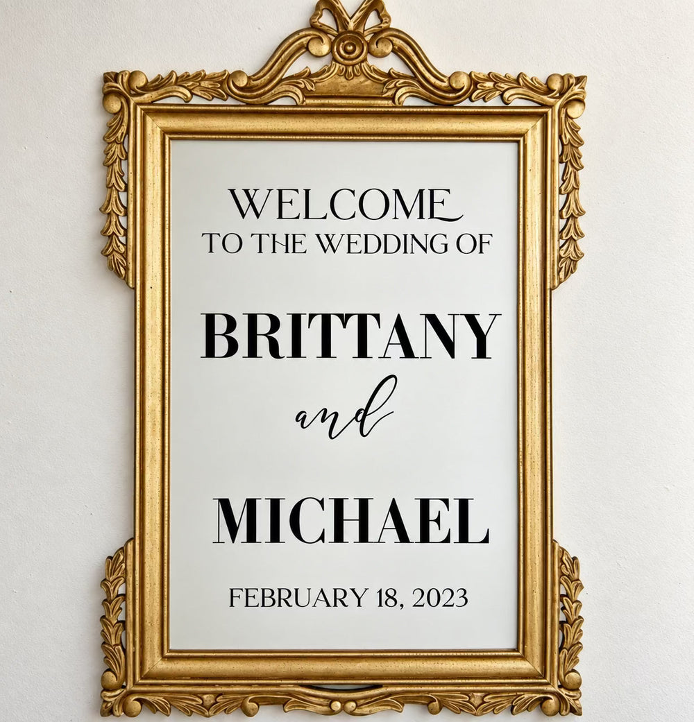 Example of Brittany and Michael welcome lettering on an ornate mirror