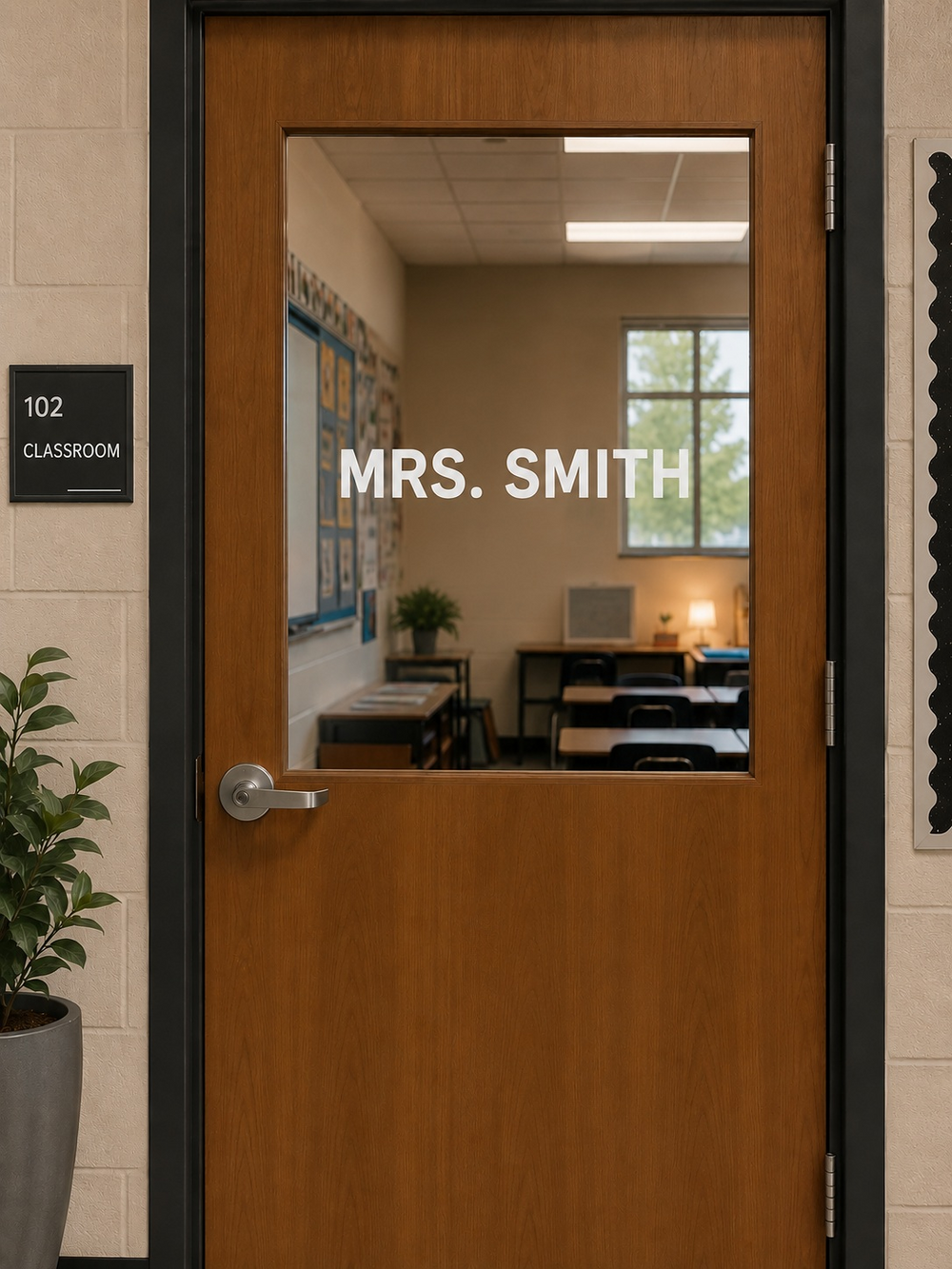 Example classroom door with white Mrs. Smith lettering