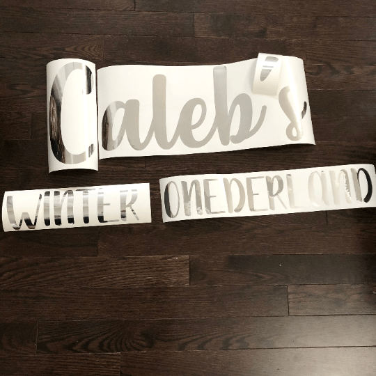 Silver-coloured Caleb’s Winter Wonderland lettering on backing