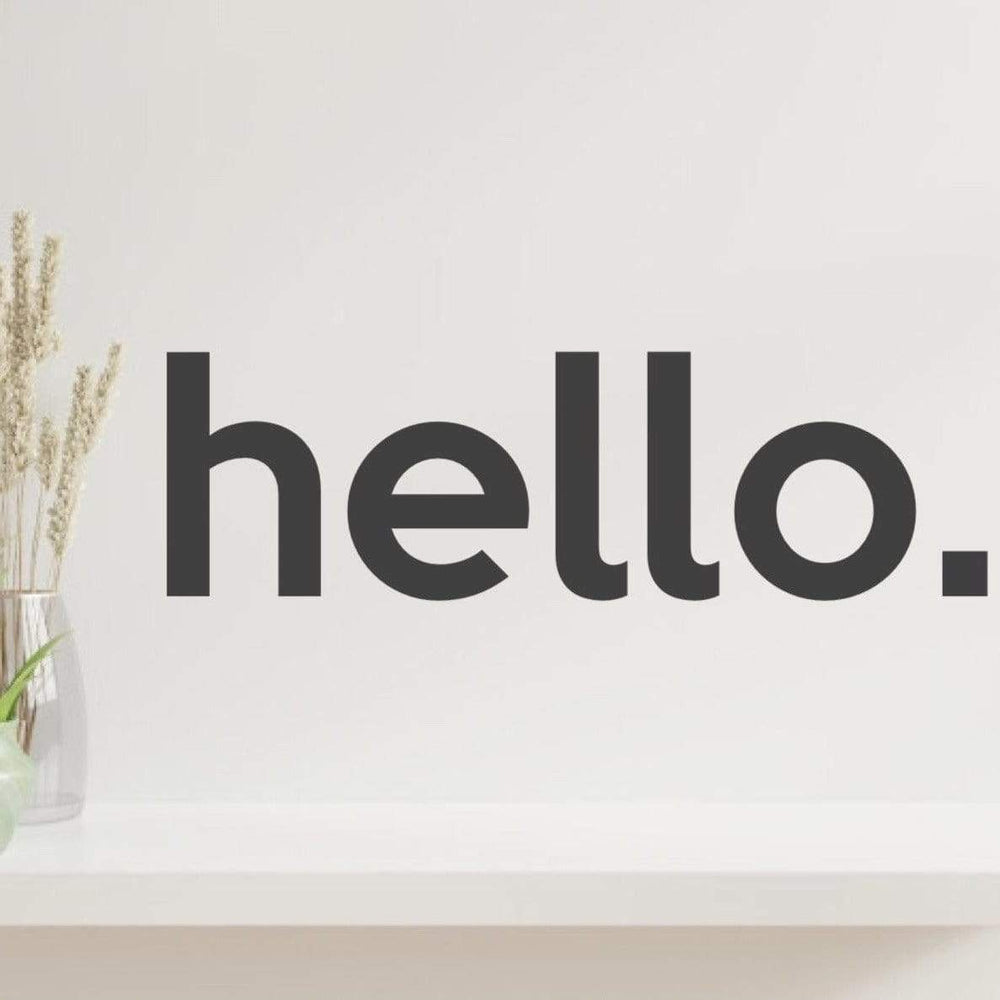 Illustration of black hello lettering on a white wall