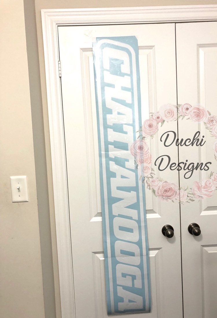 Long Chattanooga lettering decal on blue backing