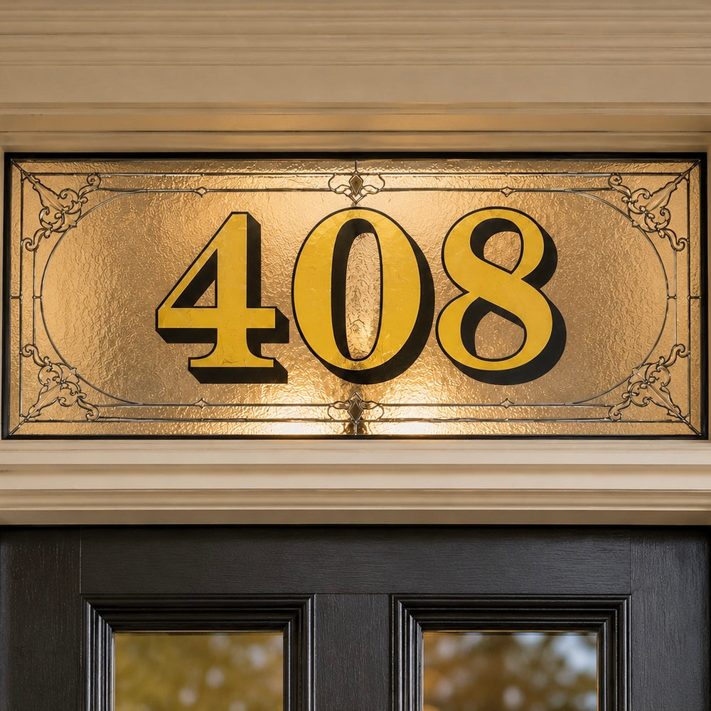 Decorative gold-toned 408 transom design with an ornamental border