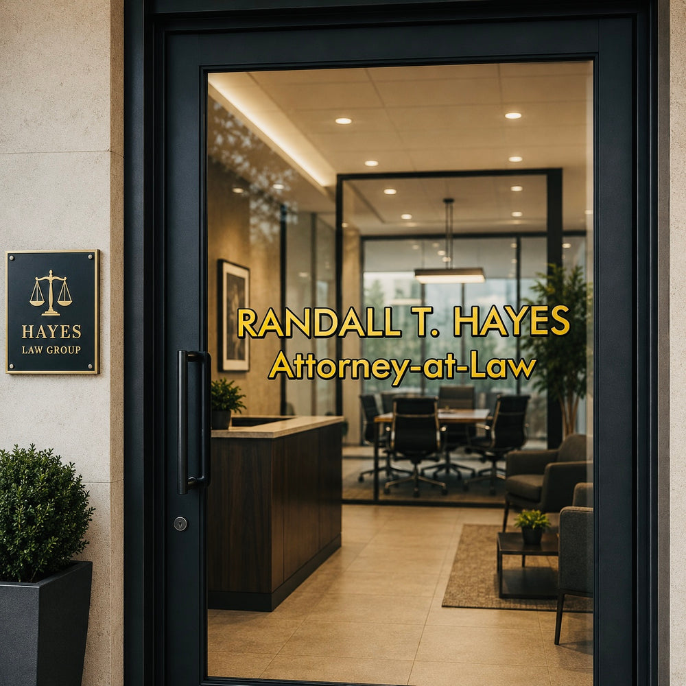 Example office entrance with gold Randall T. Hayes lettering