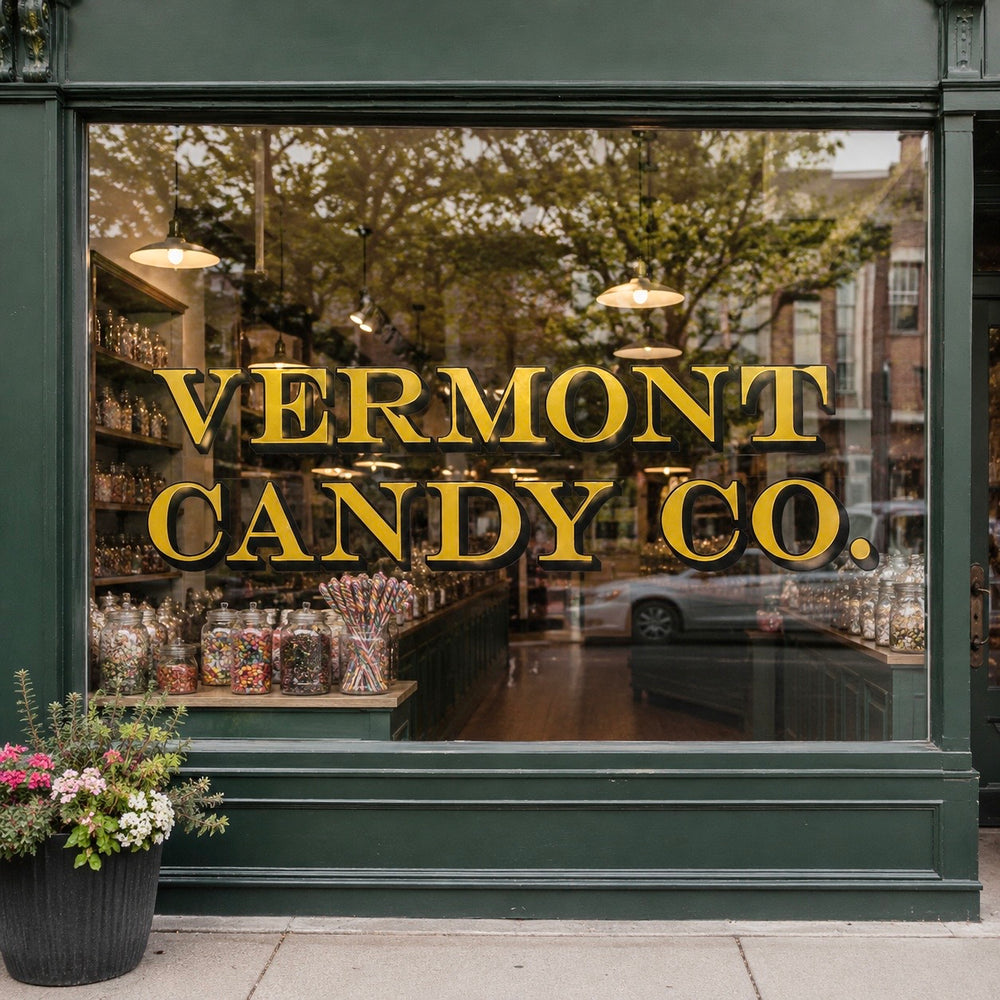 Gold Vermont Candy Co. lettering on a green-framed storefront window