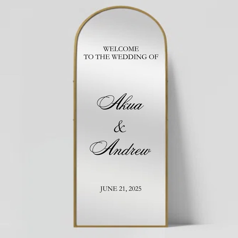 Illustration of wedding welcome lettering on an arched mirror