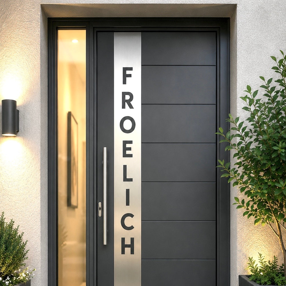 Example dark entrance door with Froelich stacked lettering