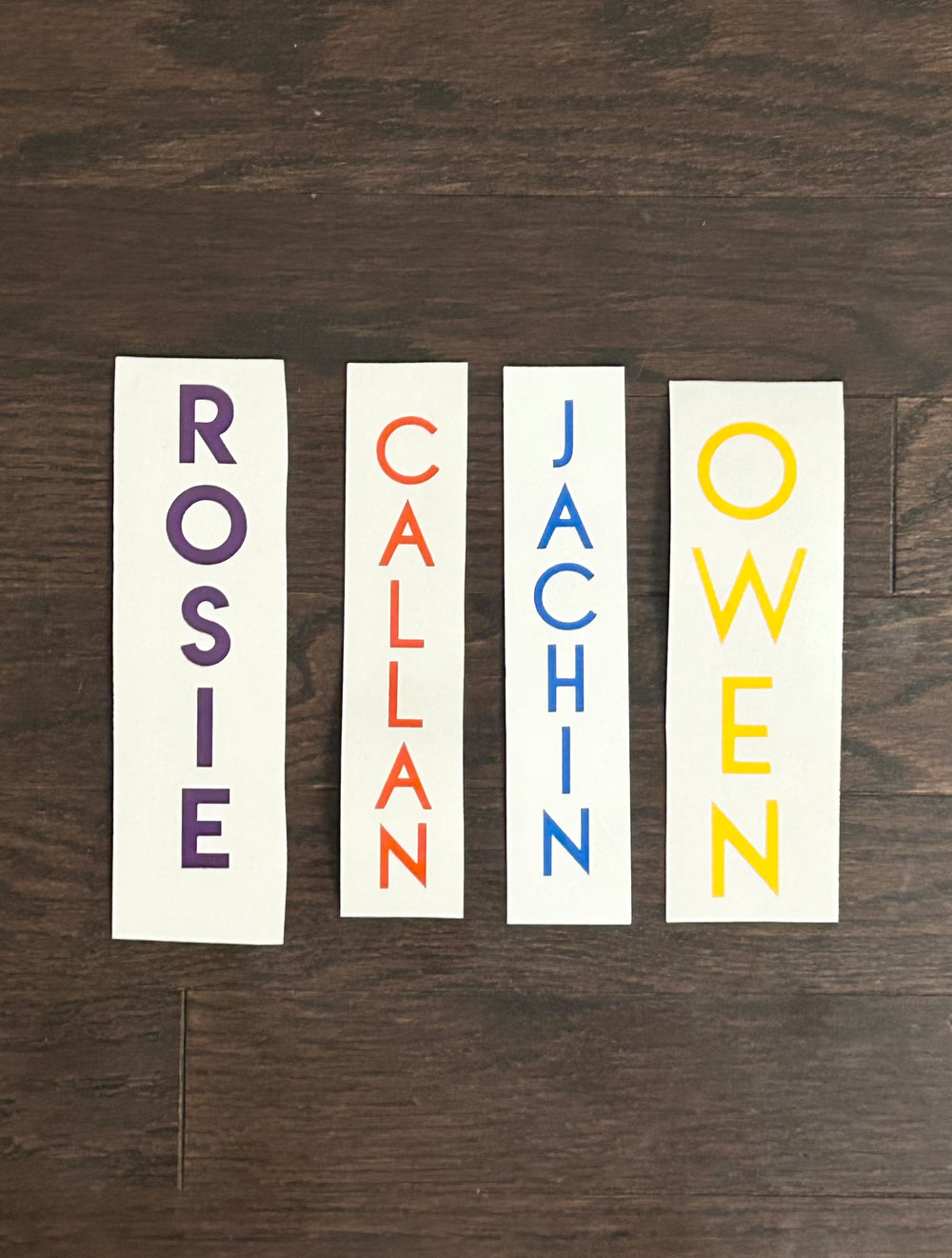 Rosie, Callan, Lachn and Owen vertical name decals in different colours