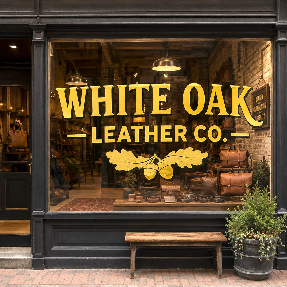 Gold and black White Oak Leather Co logo on storefront glass