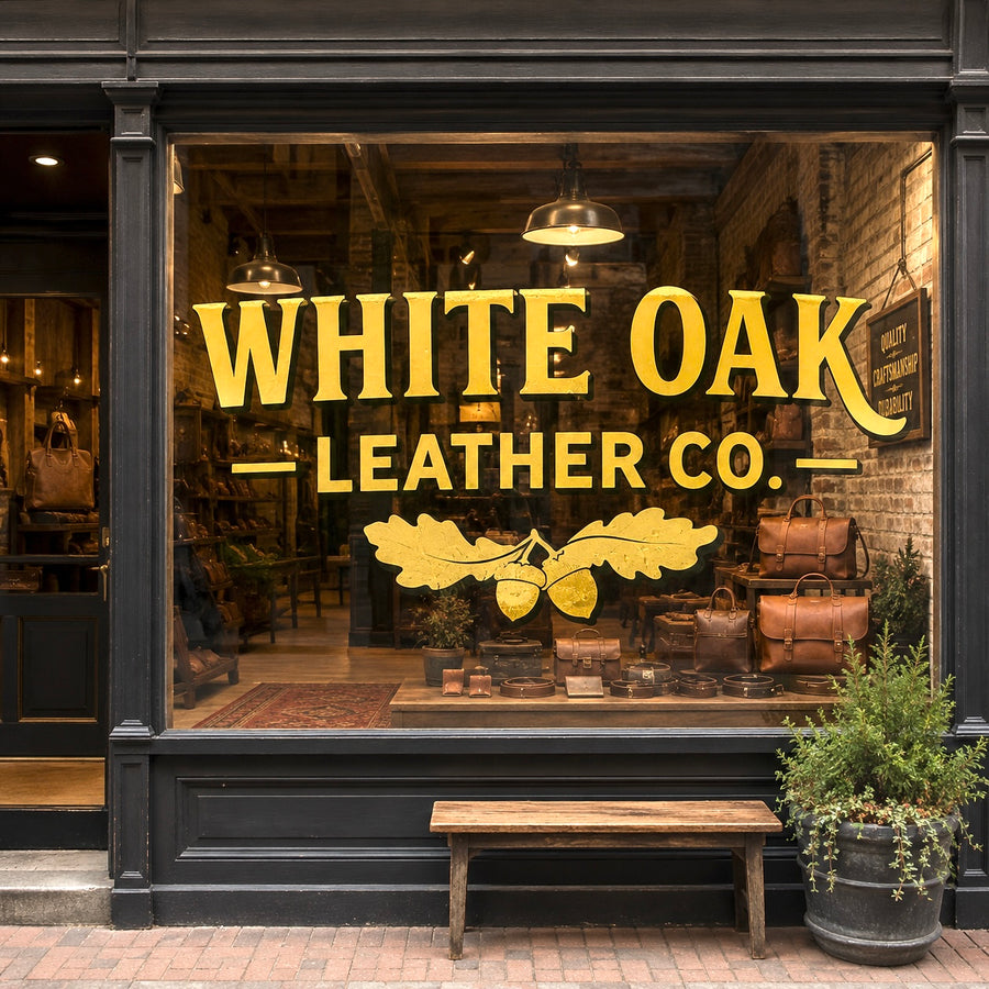 Gold and black White Oak Leather Co logo on storefront glass