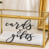 Black Cards & Gifts script on a gold-framed glass card box
