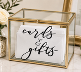 Front view of Cards & Gifts script on a glass wedding box