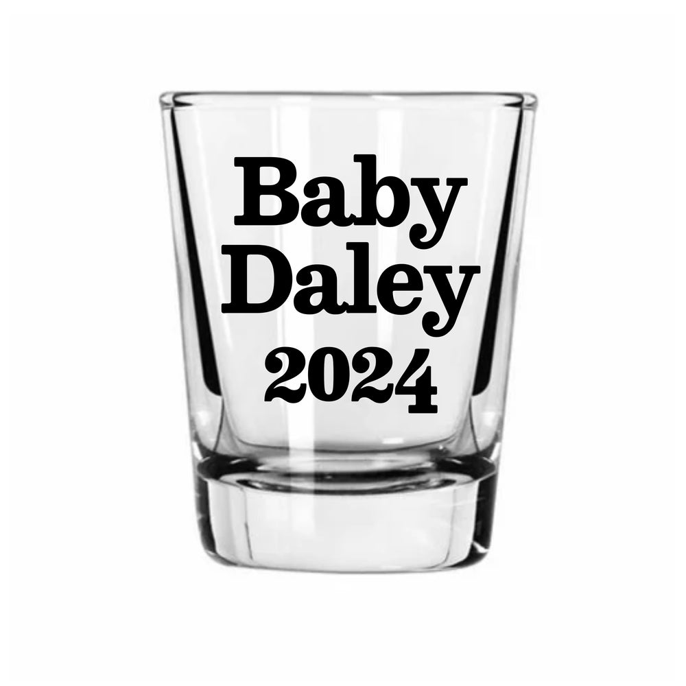Illustration of Baby Daley 2024 lettering on a clear glass