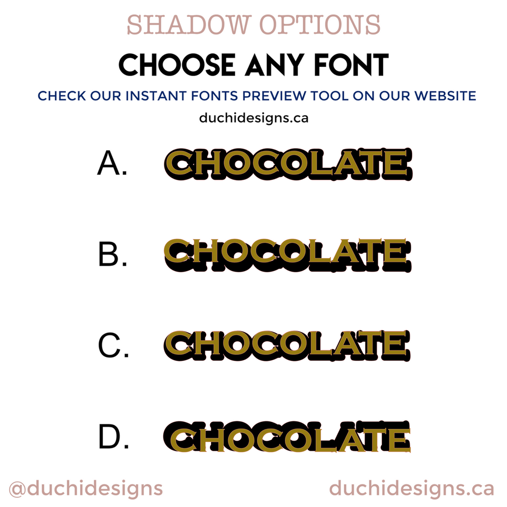 Chart comparing four shadow styles on Chocolate lettering