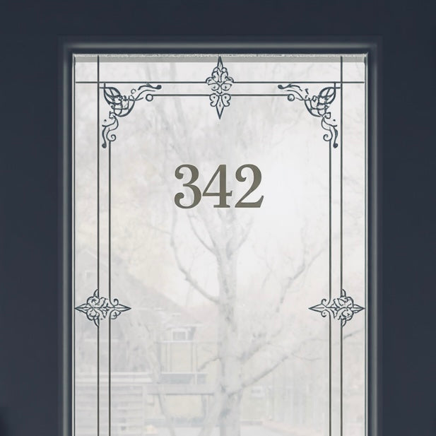 Example frosted-glass door panel with 342 numbers and ornamental corners