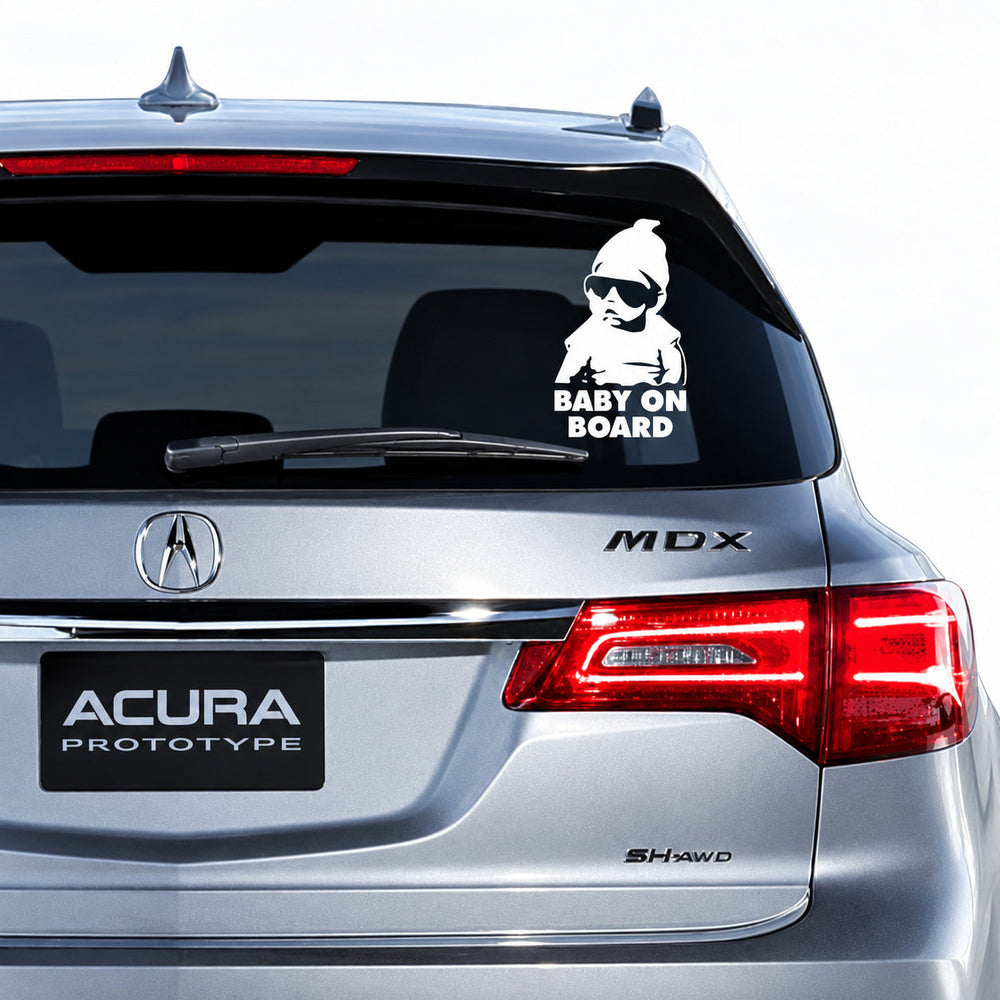 Illustration of white Baby on Board decal on a vehicle rear window