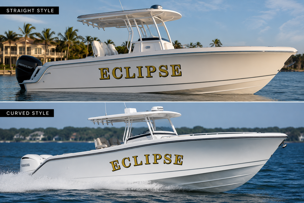Examples comparing straight and curved Eclipse boat name lettering