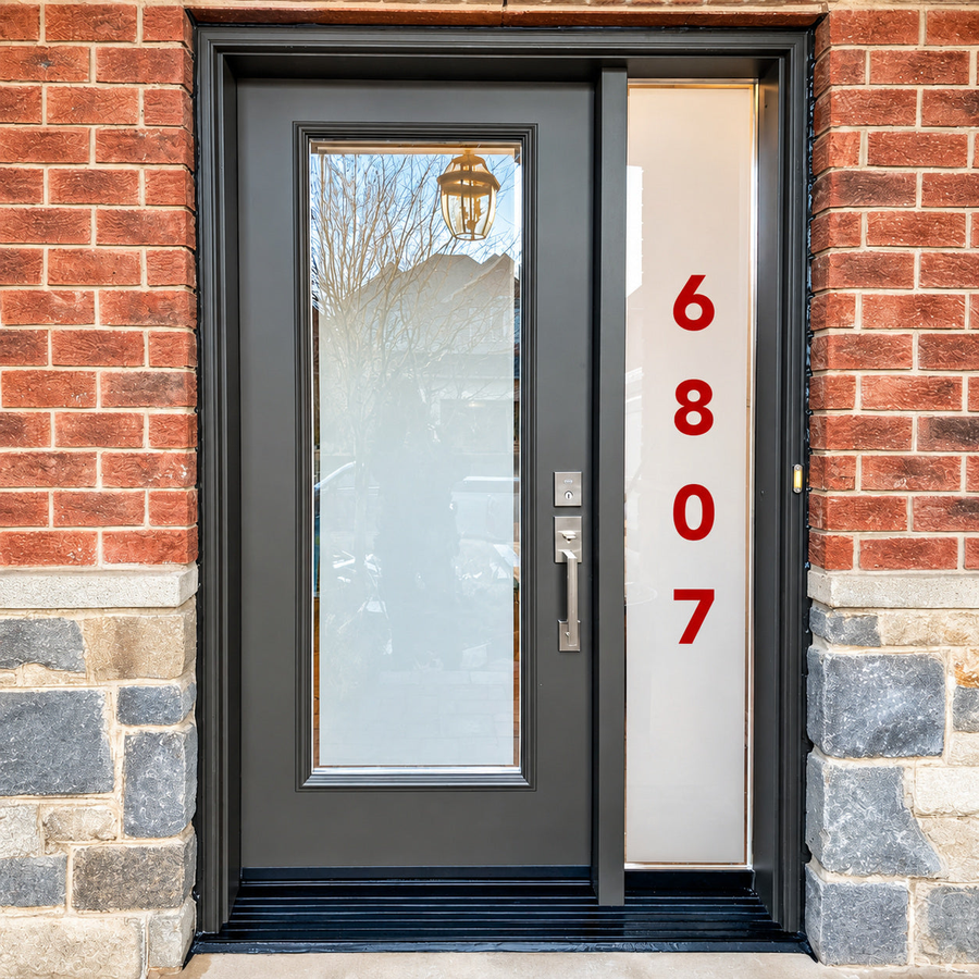Example of red vertically stacked 6807 numbers beside a front door