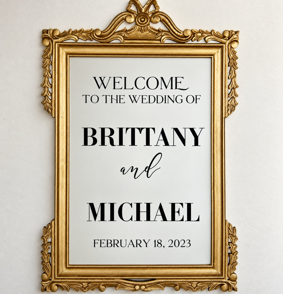 Example of Brittany and Michael wedding welcome lettering on an ornate mirror