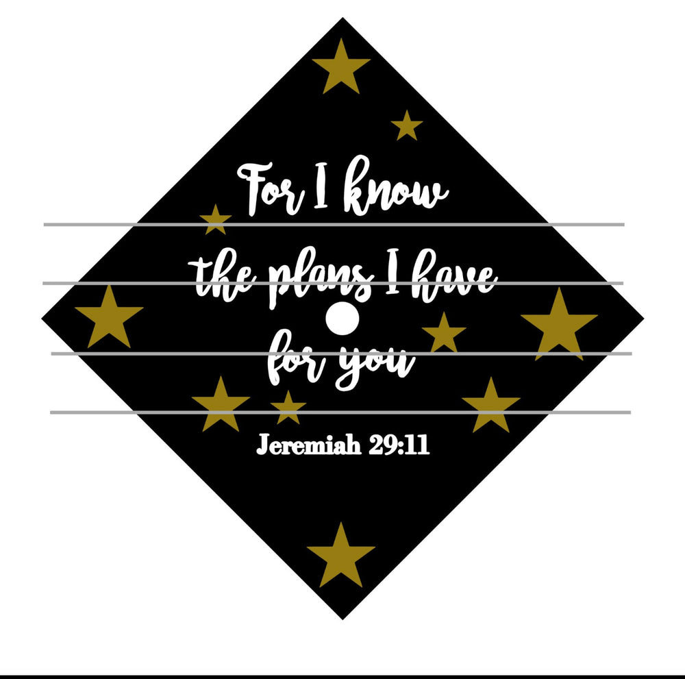 Illustration of Jeremiah 29:11 graduation-cap lettering with gold stars