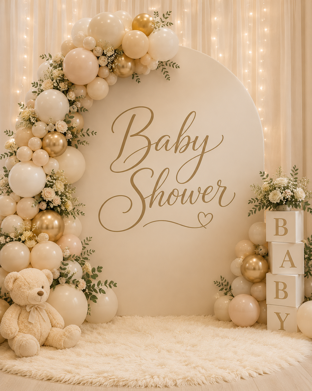 Baby Shower script lettering on a cream event backdrop