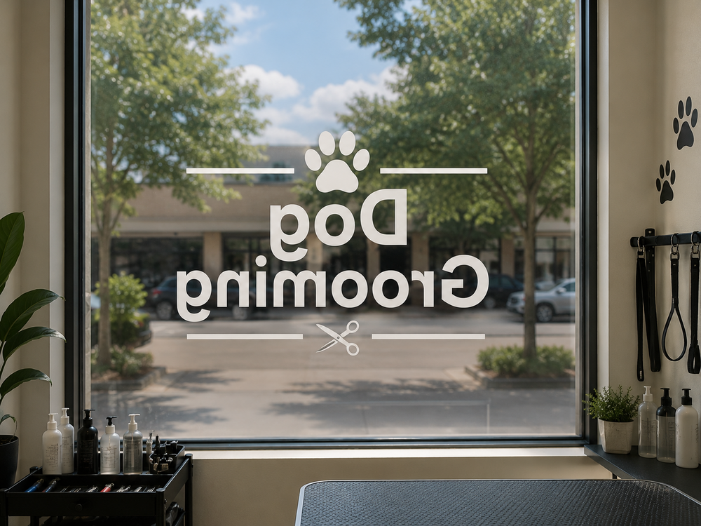 Example window with Dog Grooming lettering shown in reverse
