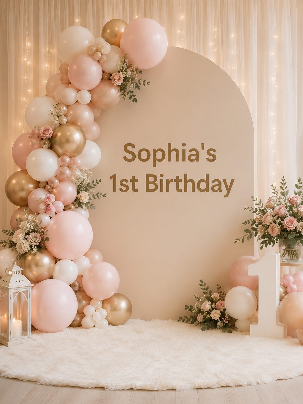 Sophia first-birthday lettering on an event backdrop