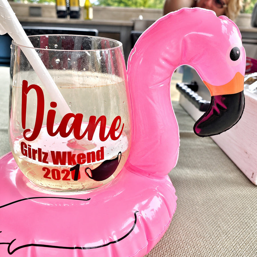 Red Diane Girlz Wknd 2020 lettering on a stemless glass