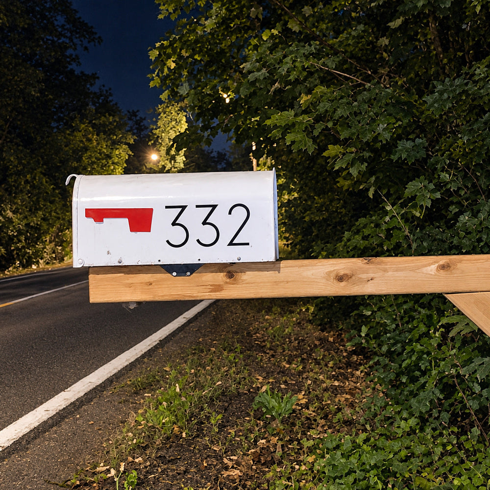 Black 332 numbers on a white roadside mailbox