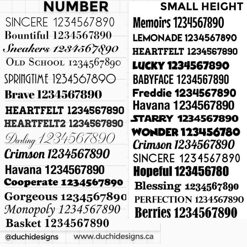 Number and small-height font selection chart