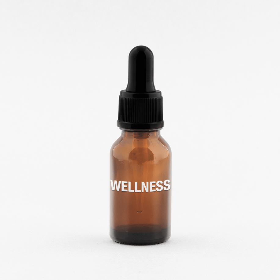 Illustration of white WELLNESS lettering on an amber dropper bottle