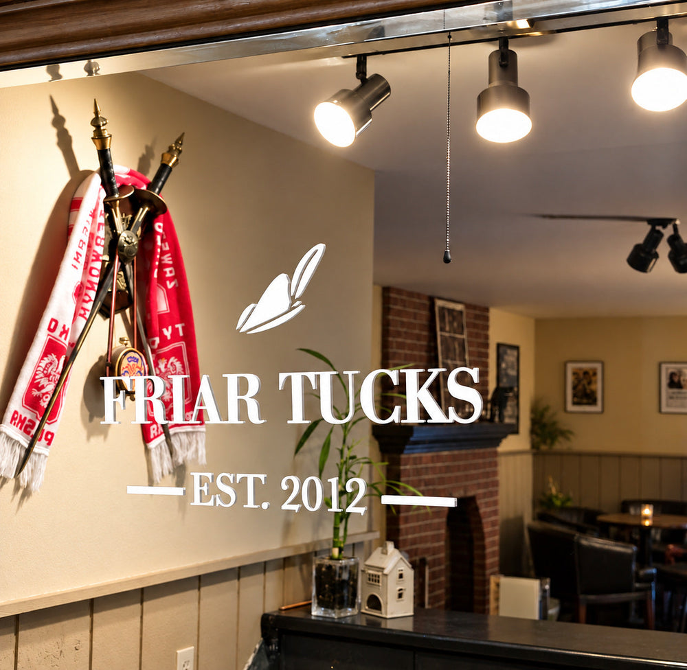 White Friar Tucks lettering on a bar mirror