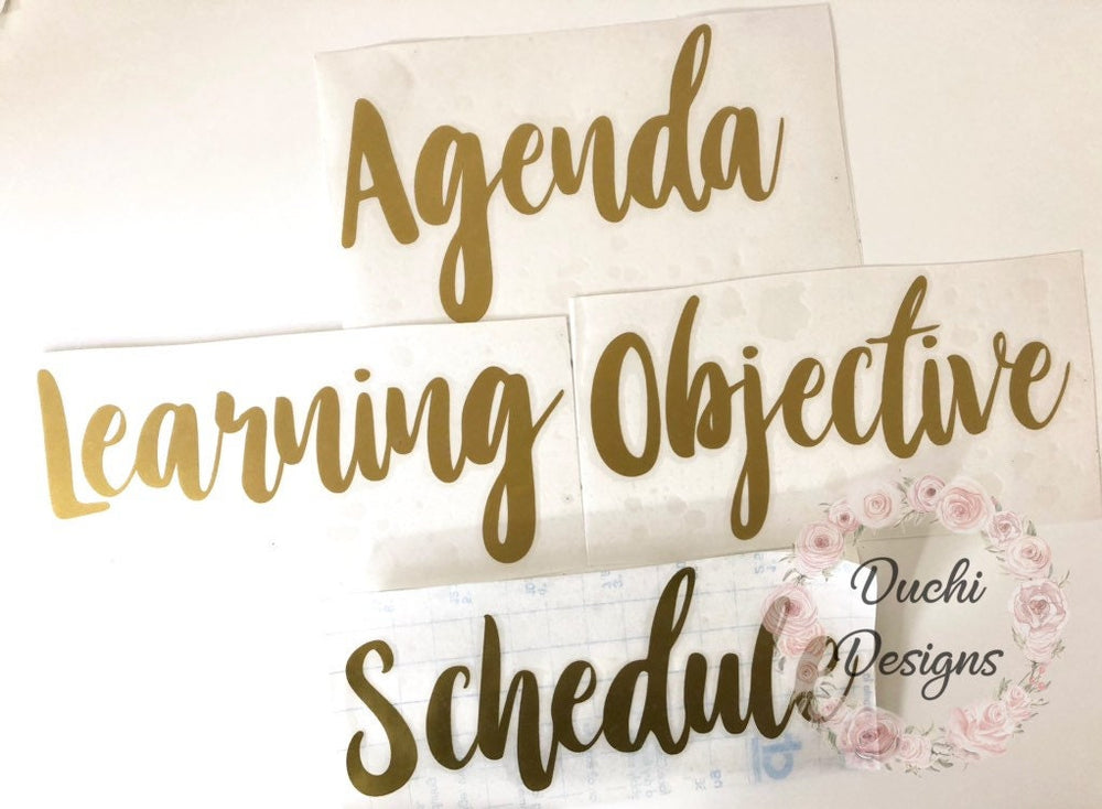 Gold-coloured Agenda, Learning Objective and Schedule decals