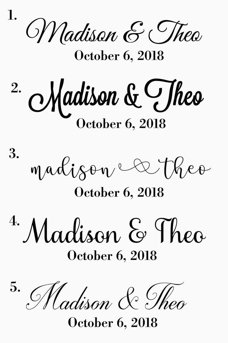 Five wedding-name and date layout examples