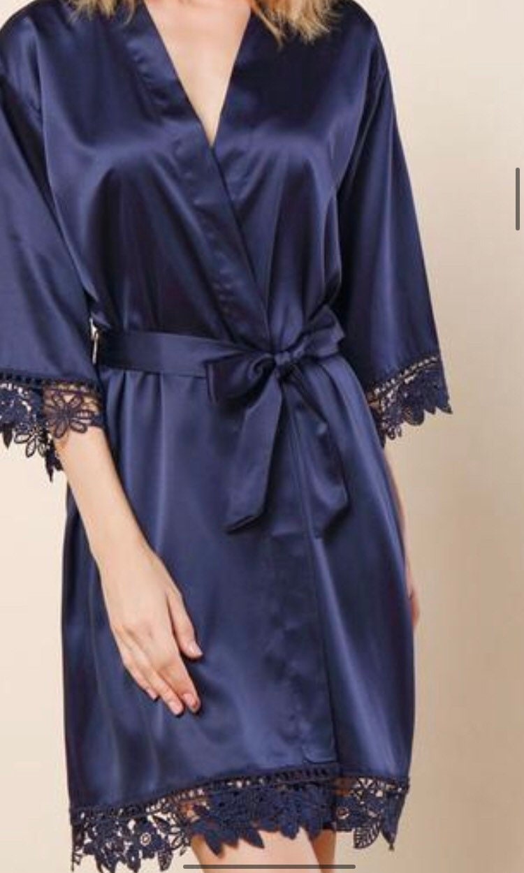 Satin Silk Robe with Lace Trim Personalized Bridesmaid Robes with