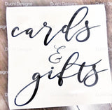 Black Cards & Gifts script decal on backing