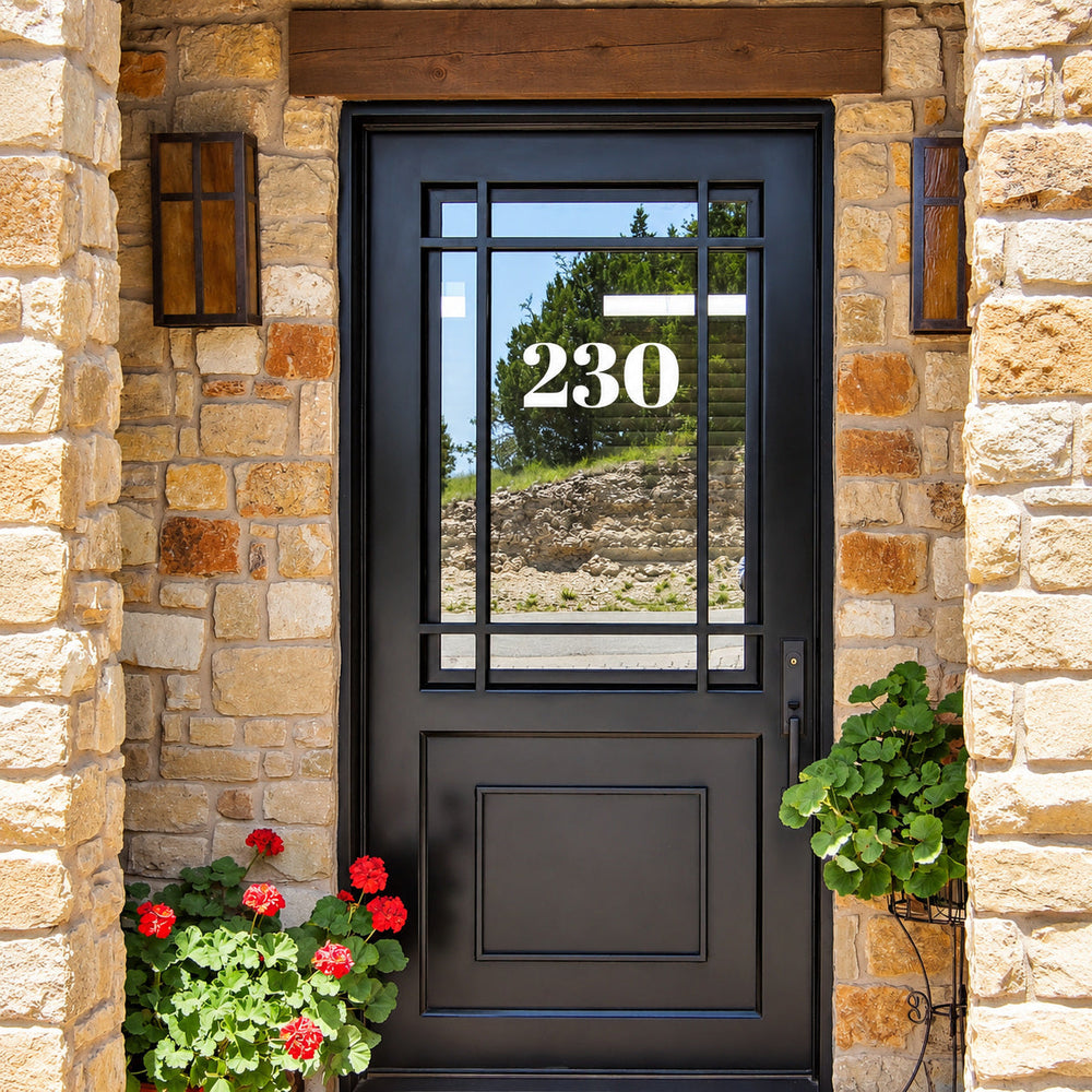 Example glass entry door with white 230 numbers