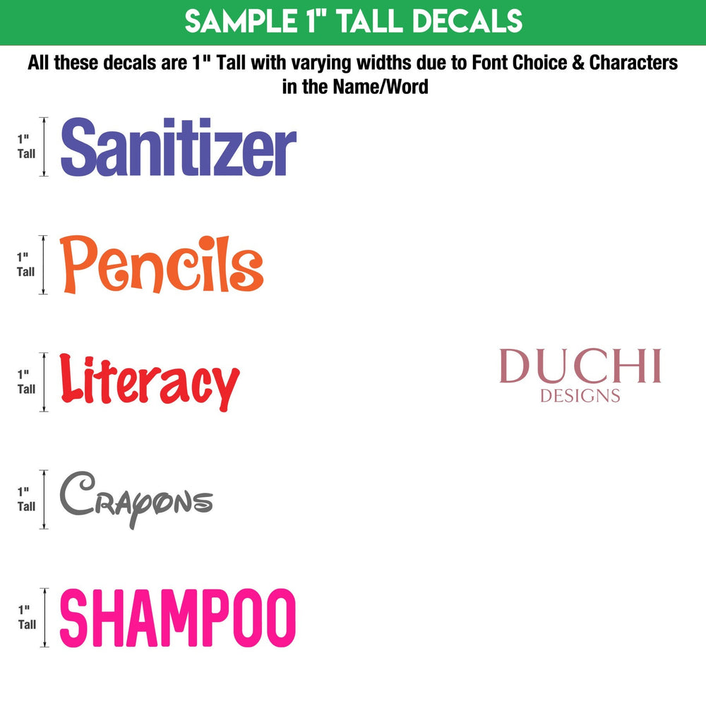 Sizing diagram showing one-inch-tall words of varying widths
