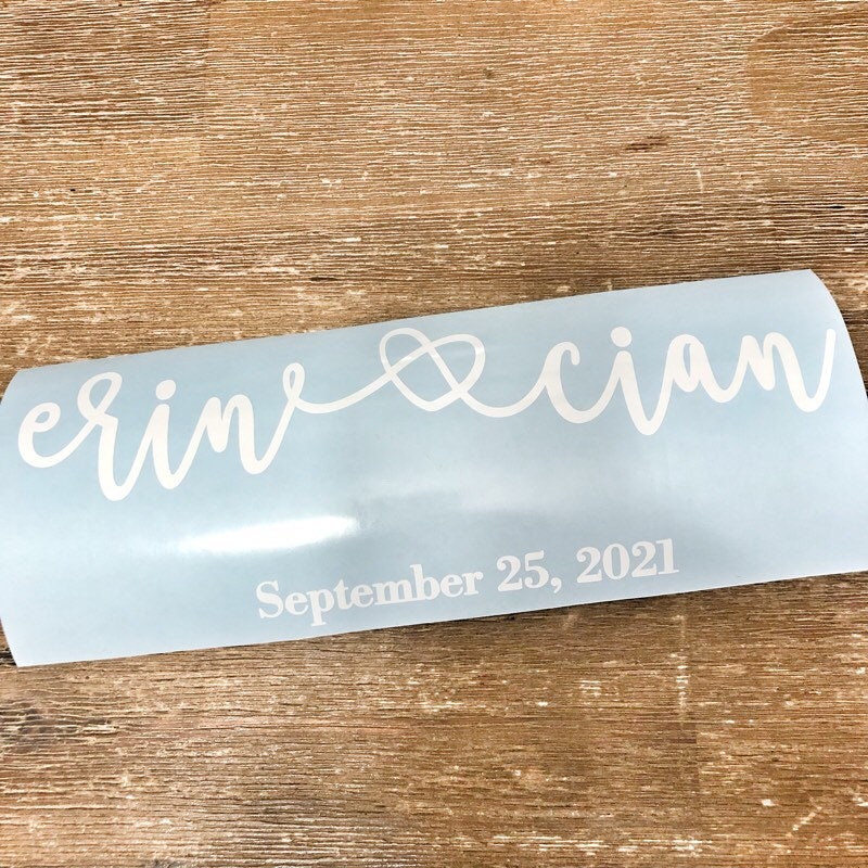 White Erin and Cian names with wedding date on blue backing