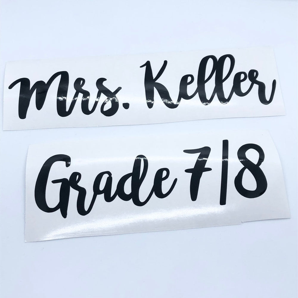 Black Mrs. Keller and Grade 7/8 lettering decals